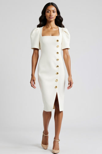 White Bodycon Satin Short Sleeves Midi Work Blazer Dress with Slit