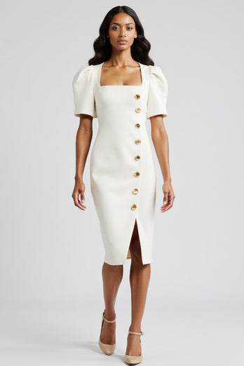 White Bodycon Satin Short Sleeves Midi Work Blazer Dress with Slit