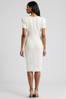 Load image into Gallery viewer, White Bodycon Satin Short Sleeves Midi Work Blazer Dress with Slit