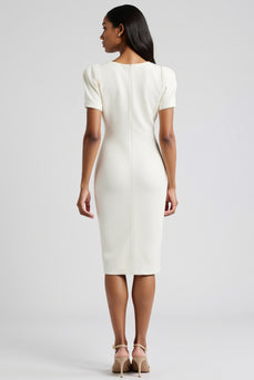 White Bodycon Satin Short Sleeves Midi Work Blazer Dress with Slit