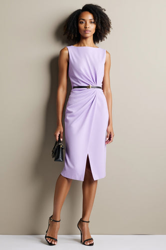 Purple Bodycon Ruched Midi Work Dress with Slit