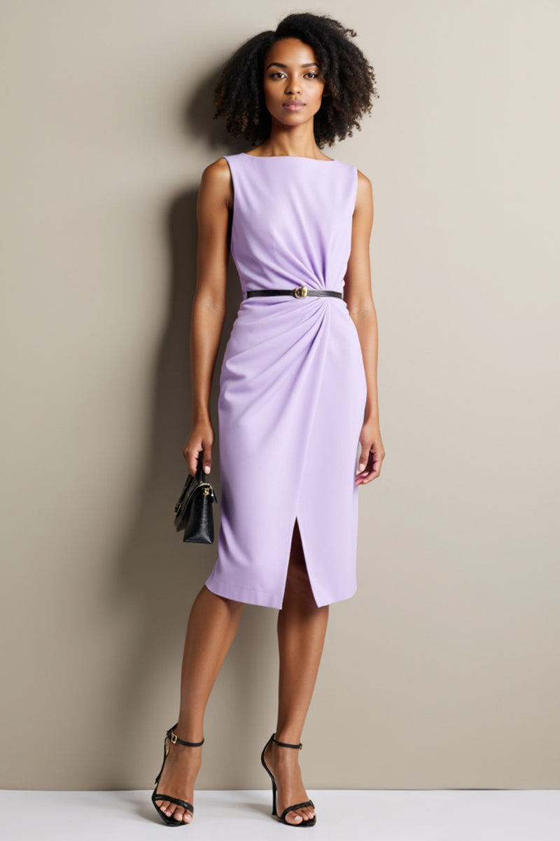 Load image into Gallery viewer, Purple Bodycon Ruched Midi Work Dress with Slit