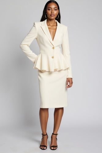 Ivory Peak Lapel Bodycon Satin 2 Piece Midi Business Suits with Ruffles