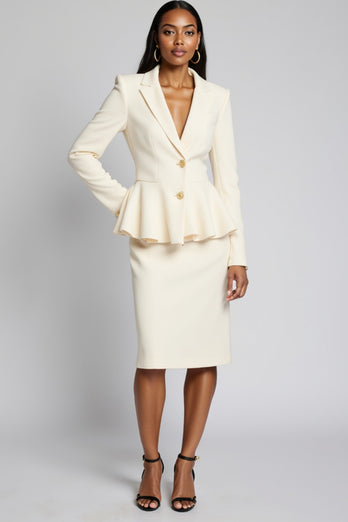 Ivory Peak Lapel Bodycon Satin 2 Piece Midi Business Suits with Ruffles