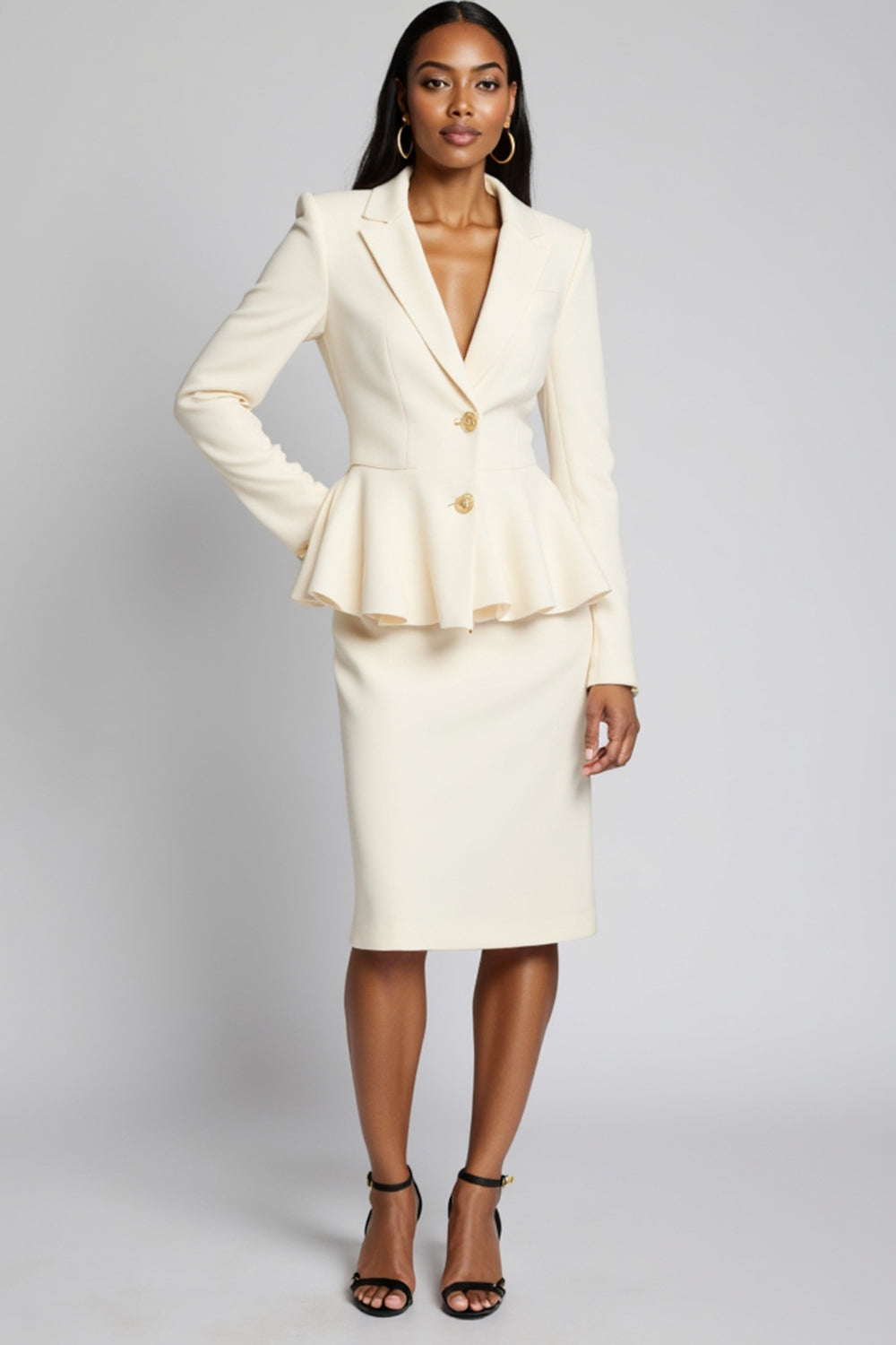 Ivory Peak Lapel Bodycon Satin 2 Piece Midi Business Suits with Ruffles