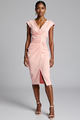 Blush V-Neck Satin Bodycon Midi Work Dress with Slit