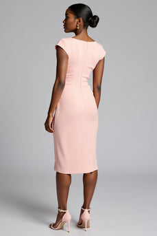 Blush V-Neck Satin Bodycon Midi Work Dress with Slit