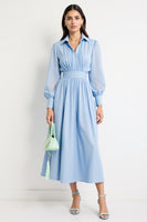 Load image into Gallery viewer, Blue Collar Neck A Line Long Work Dress with Sleeves