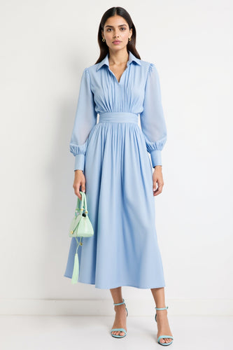 Blue Collar Neck A Line Long Work Dress with Sleeves