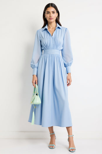 Blue Collar Neck A Line Long Work Dress with Sleeves