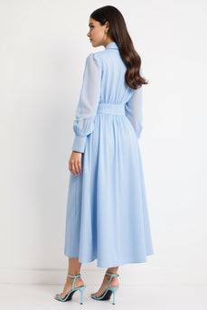 Blue Collar Neck A Line Long Work Dress with Sleeves