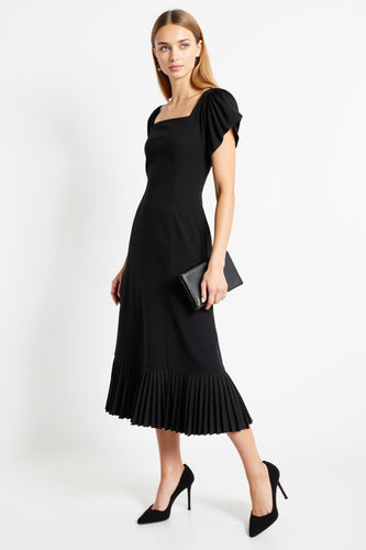 Black A Line Simple Cap Sleeves Satin Long Work Dress