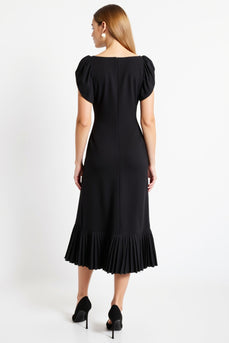 Black A Line Simple Cap Sleeves Satin Long Work Dress