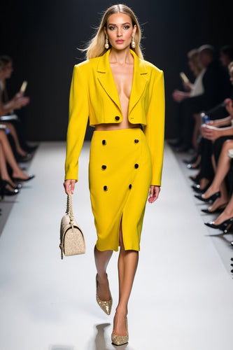 Yellow Peak Lapel 2 Piece Bodycon Midi Business Suits with Slit