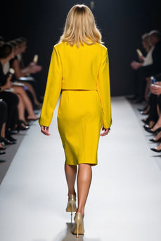 Yellow Peak Lapel 2 Piece Bodycon Midi Business Suits with Slit