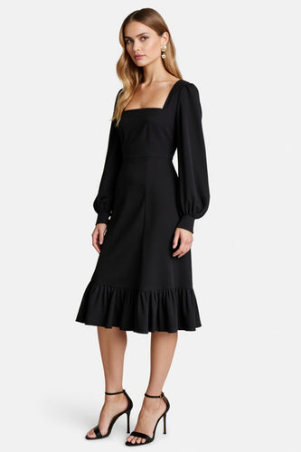 Black A Line Simple Satin Midi Work Dress