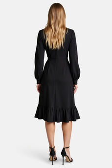 Black A Line Simple Satin Midi Work Dress