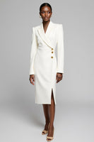Load image into Gallery viewer, White Peak Lapel Satin Midi Work Blazer Dress with Slit