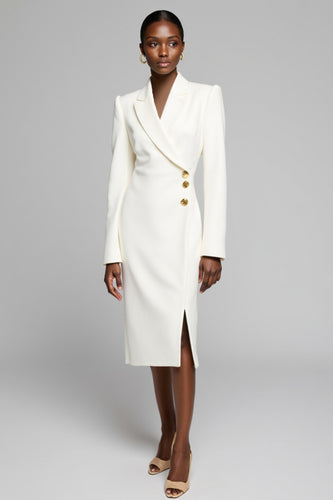 White Peak Lapel Satin Midi Work Blazer Dress with Slit