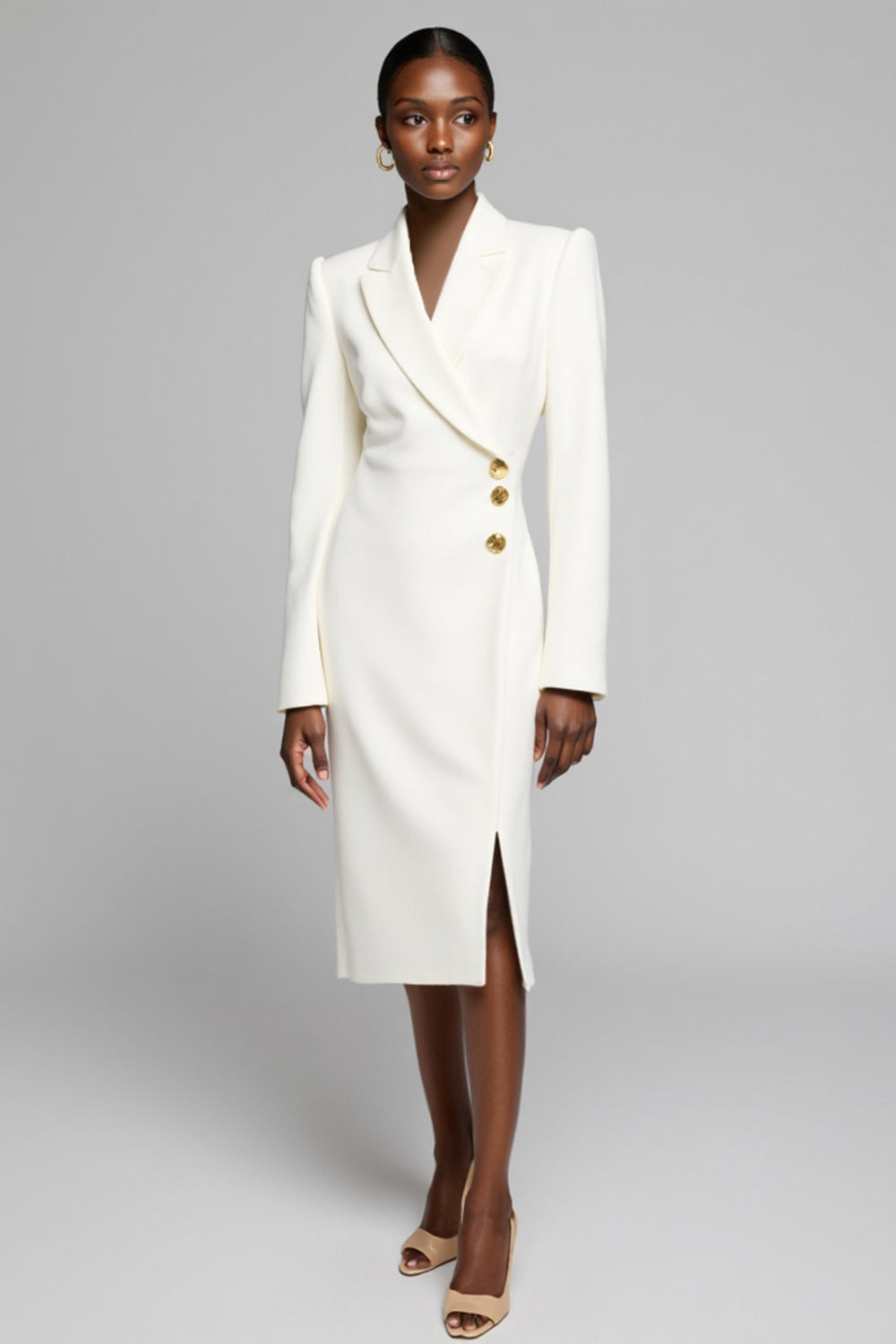 White Peak Lapel Satin Midi Work Blazer Dress with Slit
