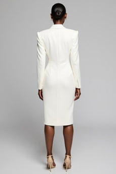 White Peak Lapel Satin Midi Work Blazer Dress with Slit