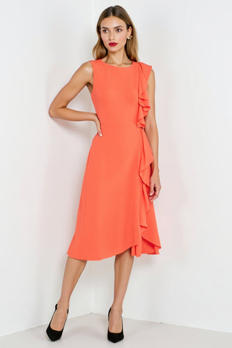 Orange Bodycon Midi Work Dress with Ruffles
