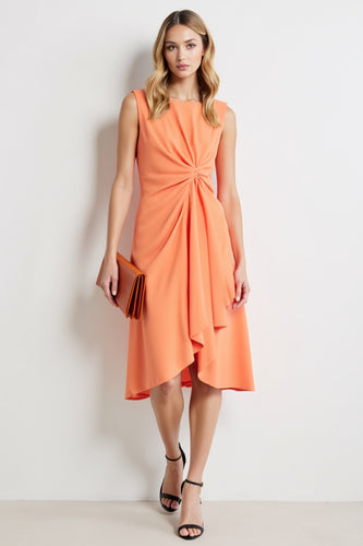 Orange Ruched Bodycon Midi Work Dress with Ruffles