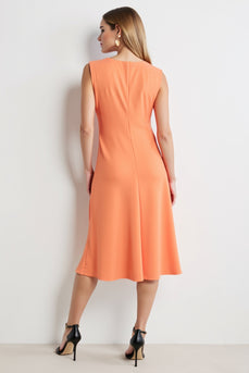 Orange Ruched Bodycon Midi Work Dress with Ruffles
