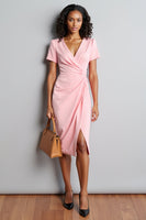 Load image into Gallery viewer, Pink V-Neck Bodycon Ruched Midi Work Dress with Slit