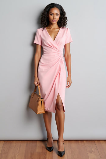 Pink V-Neck Bodycon Ruched Midi Work Dress with Slit