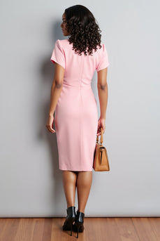 Pink V-Neck Bodycon Ruched Midi Work Dress with Slit