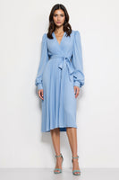 Load image into Gallery viewer, Blue V-Neck Pleated Midi Work Dress with Strings