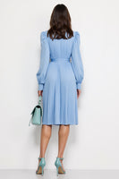 Load image into Gallery viewer, Blue V-Neck Pleated Midi Work Dress with Strings