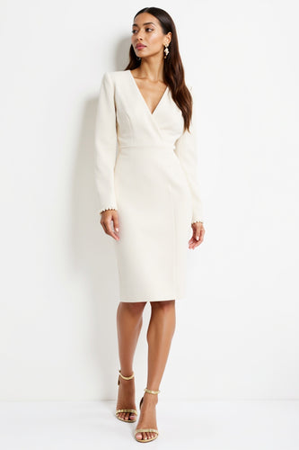 White Satin V-Neck Bodycon Midi Work Dress