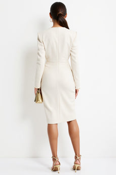White Satin V-Neck Bodycon Midi Work Dress