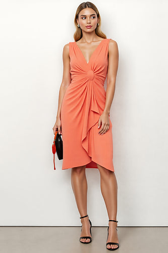 Orange Bodycon V-Neck Midi Work Dress with Ruffles