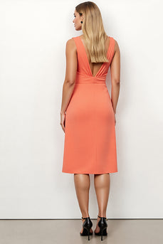 Orange Bodycon V-Neck Midi Work Dress with Ruffles