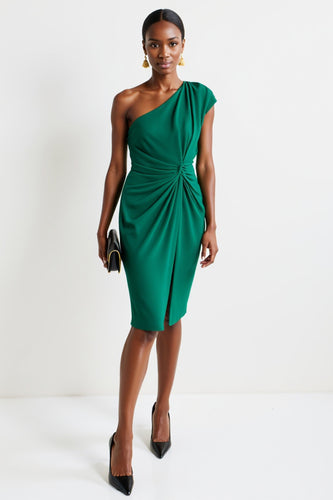 Dark Green One Shoulder Bodycon Midi Work Dress with Slit