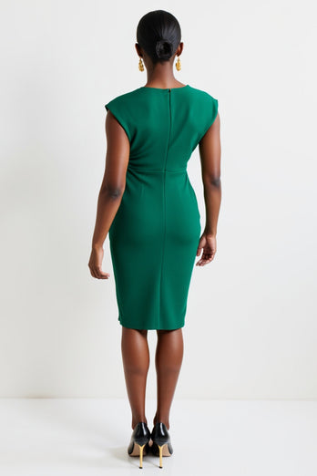 Dark Green One Shoulder Bodycon Midi Work Dress with Slit