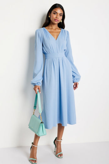 Blue A Line V-Neck Long Sleeves Midi Work Dress