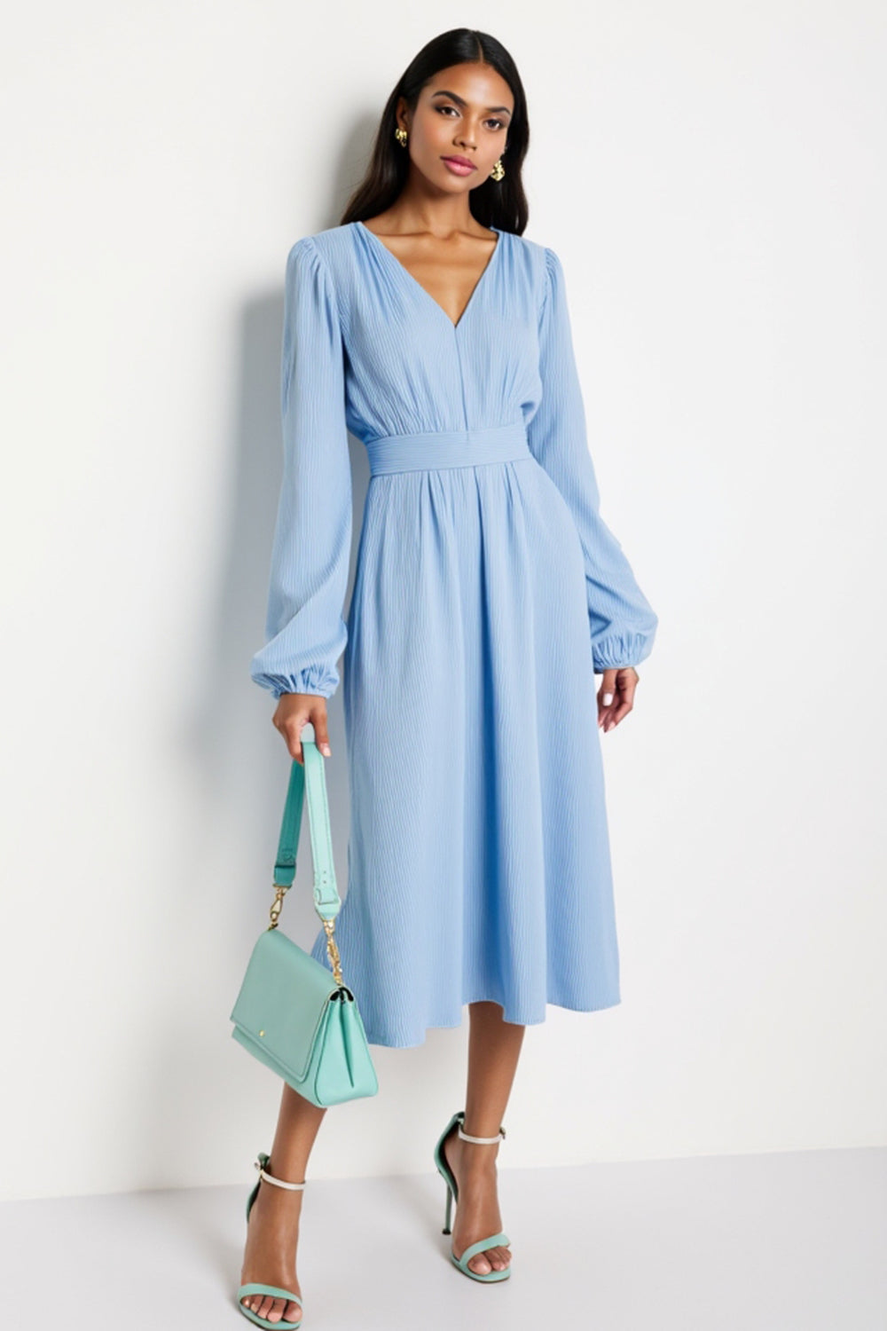 Blue A Line V-Neck Long Sleeves Midi Work Dress