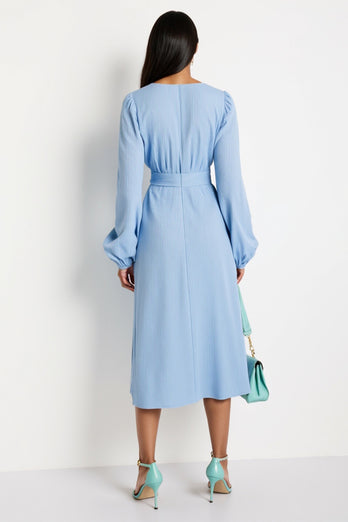 Blue A Line V-Neck Long Sleeves Midi Work Dress