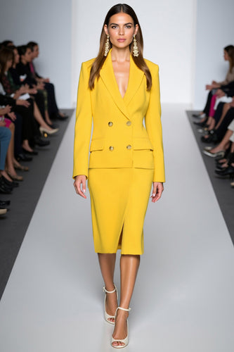 Yellow 2 Piece Peak Lapel Satin Midi Business Suits with Slit