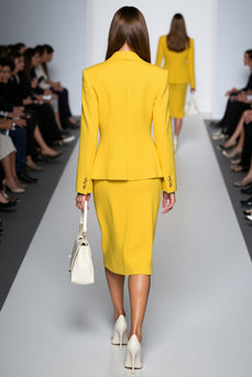 Yellow 2 Piece Peak Lapel Satin Midi Business Suits with Slit