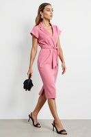 Load image into Gallery viewer, Hot Pink Bodycon Notched Lapel Midi Work Dress with Strings