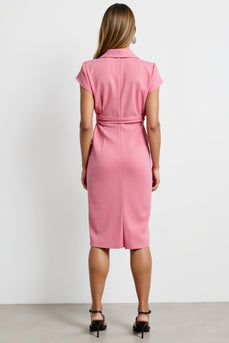 Hot Pink Bodycon Notched Lapel Midi Work Dress with Strings