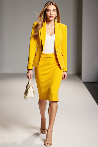 Yellow 2 Piece Peak Lapel Midi Business Suits