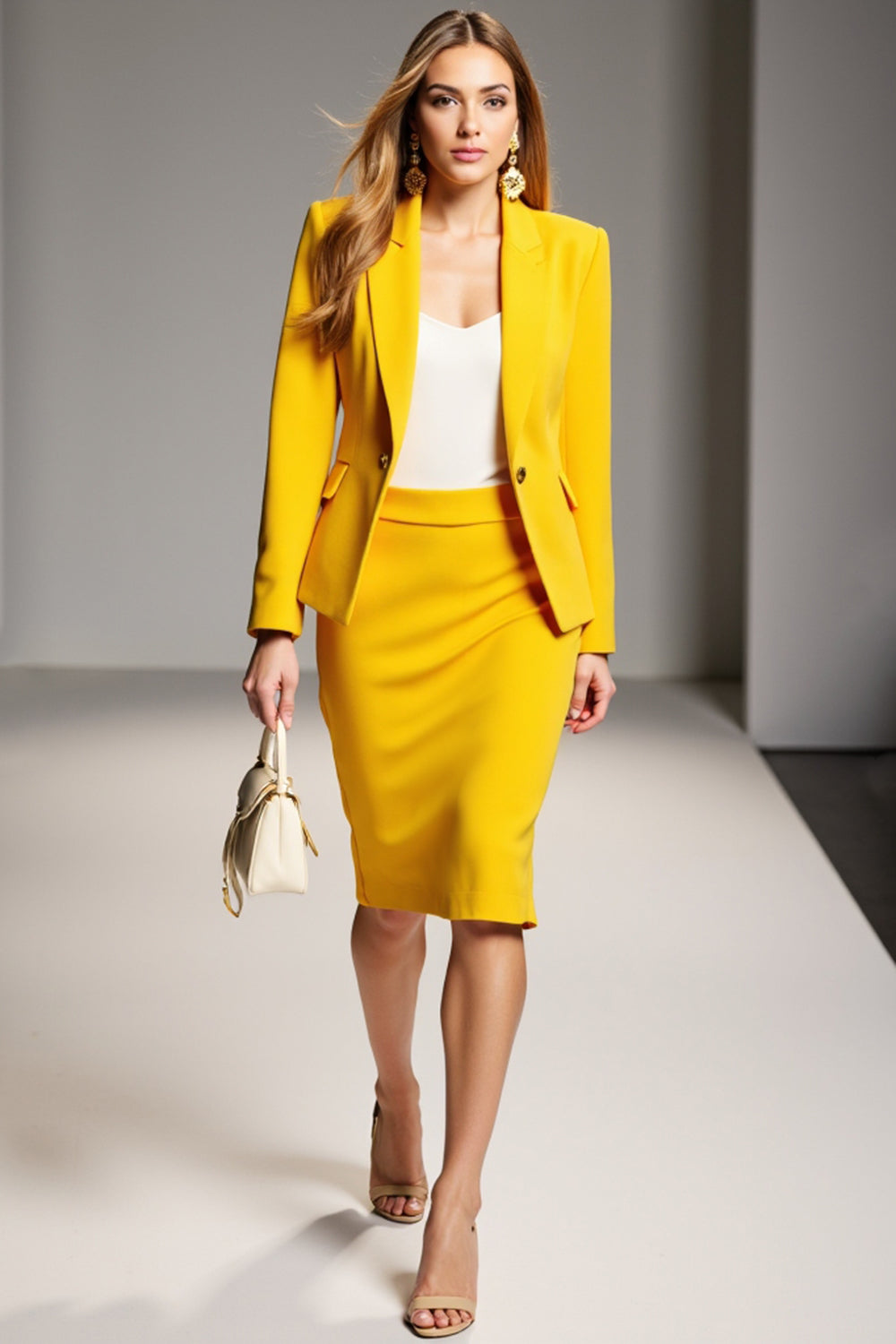Yellow 2 Piece Peak Lapel Midi Business Suits