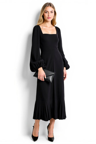 Black Sheath Simple Square Neck Long Work Dress with Sleeves