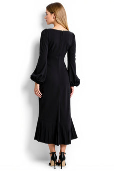 Black Sheath Simple Square Neck Long Work Dress with Sleeves